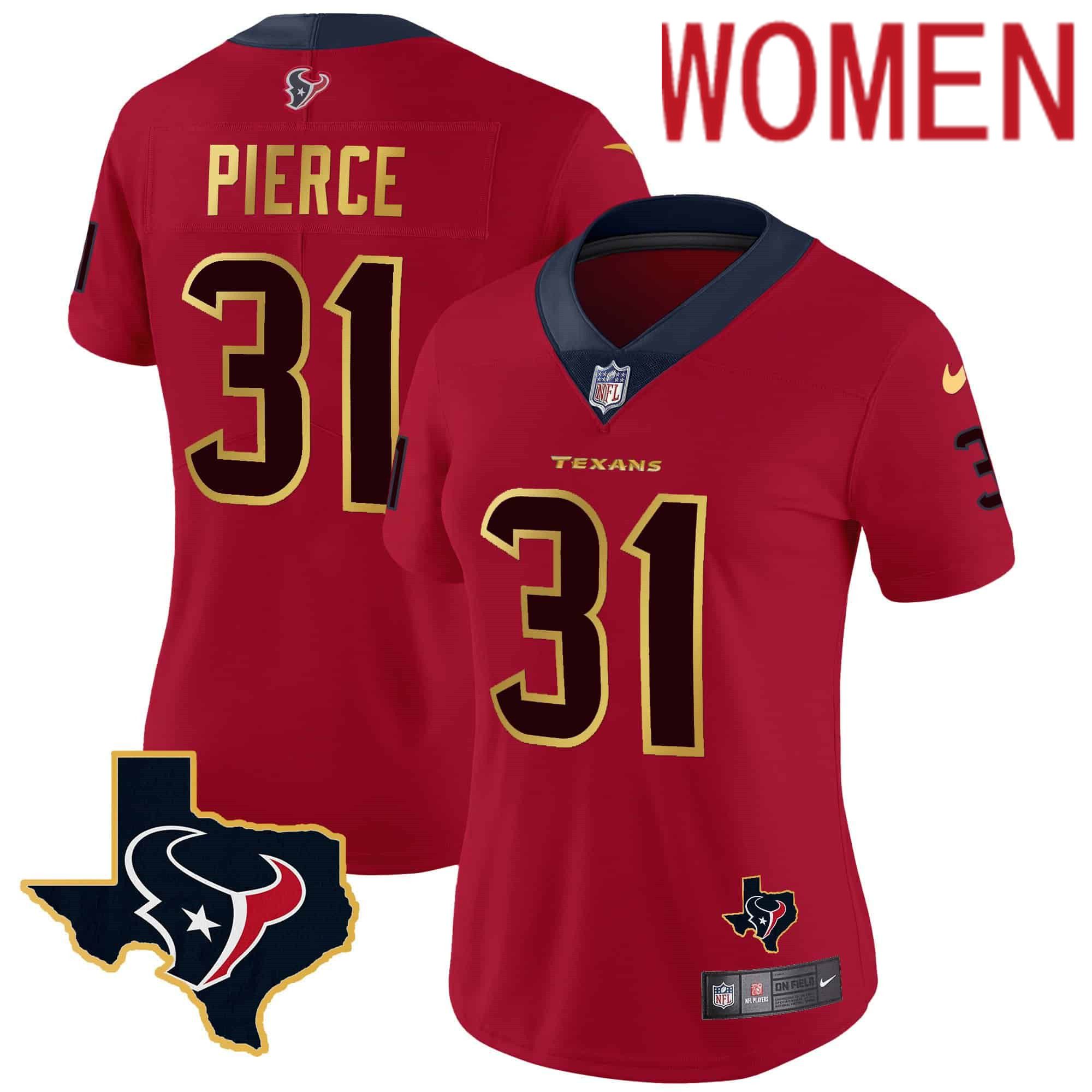 Women Houston Texans #31 Pierce Red Gold 2024 Nike Trim Vapor NFL Jersey